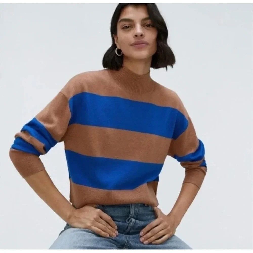 EVERLANE Luxe Wool Yak Mock Neck Sweater M Blue Brown Stripe Relaxed NEW B13